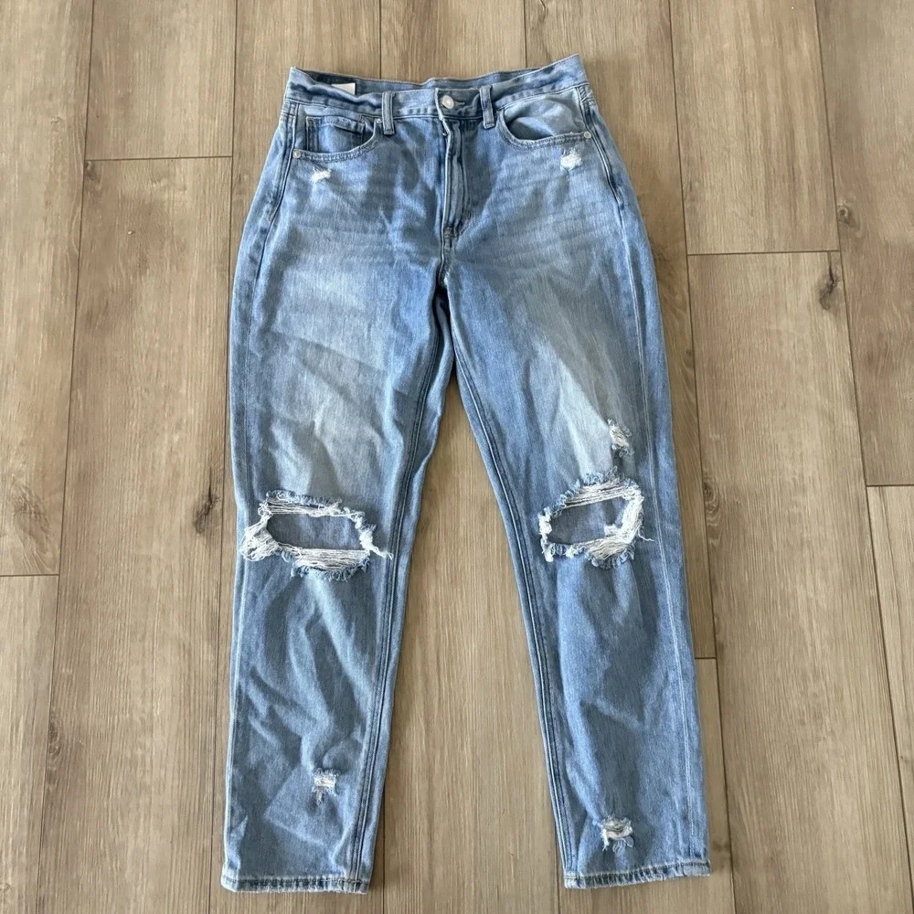 American Eagle‎ Women's Mom Jeans Blue Medium Wash Distressed Stretch 5-Pocket 6